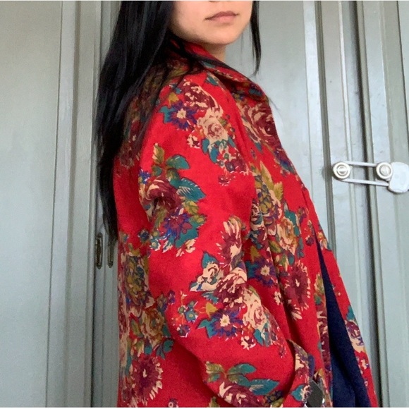 MANDARIN Floral Long Ethnic Coat Jacket Lined Red - Picture 2 of 8